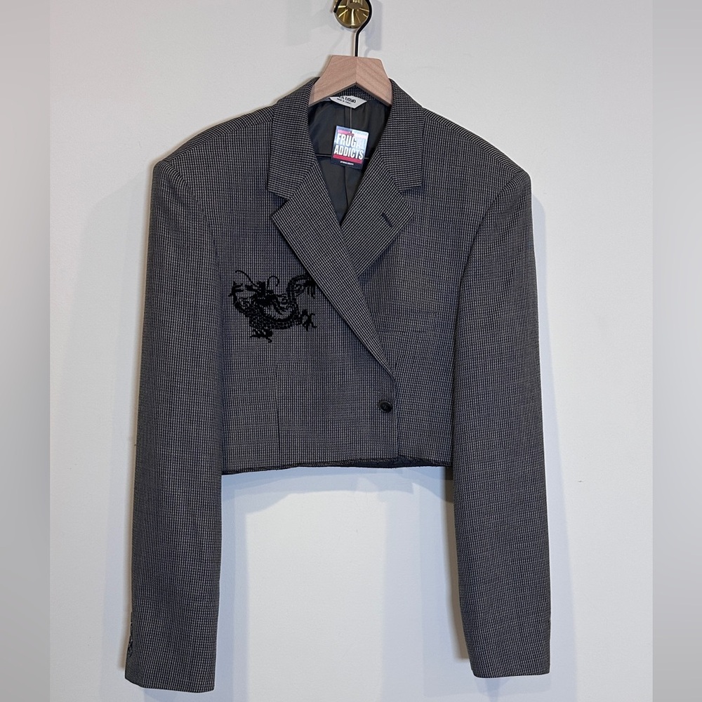 Upcycled Vintage Dragon Patch Cropped Boxy Oversized Fit Blazer Refashioned